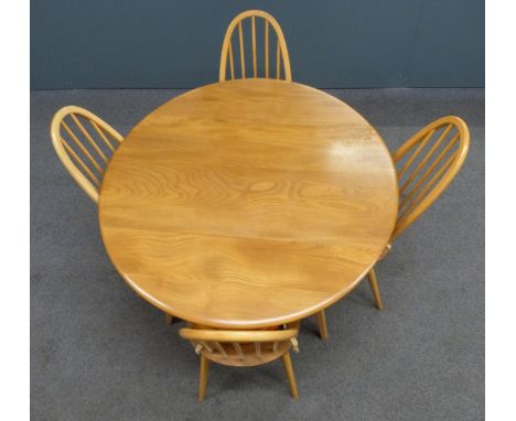 Ercol mid century / modern retro light elm table and four hoop backed chairs with 1970's cushions, W112 x D125 x H72cm