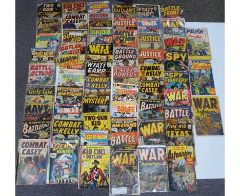 Sixty Atlas comics including Two Gun Western, The Outlaw Kid, Police Action, Phoenix, Battle Action, Combat Kelly, Wild, Mari