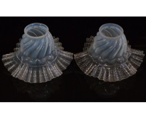 A pair of French opaline glass lamp shades with frilled rims, 17cm in diameter