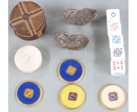 Various playing card game counters and accessories including mother of pearl set of counters, ceramic single, double etc coun