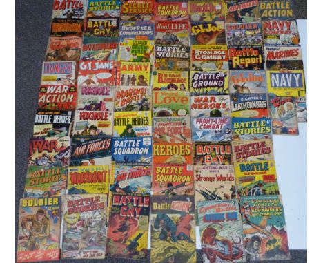 Sixty vintage war, fighting and military comics including Fighting War Stories Strange Worlds, Fightin' Marines, Battle Actio