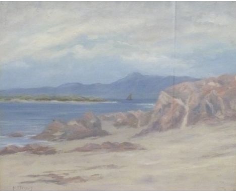 M F Findlay, oil on canvas coastal scene with sailing boat beyond the headland, signed lower left, 50 x 59cm, framed and glaz