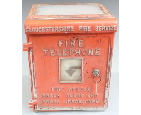 Gloucestershire Fire Service emergency 'Fire Telephone' glazed alloy cabinet with key, lettering in relief 'For Access break 