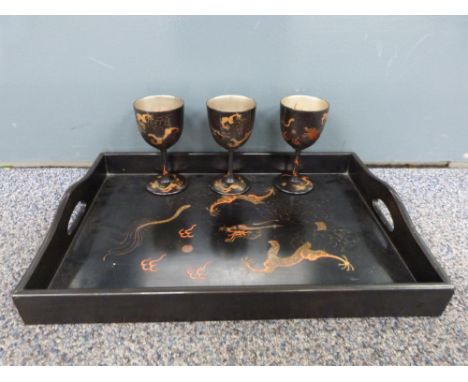 Ling king Anyukeeware Chinese lacquered tray and set of three cups decorated with gilt interior and dragon chasing flaming pe