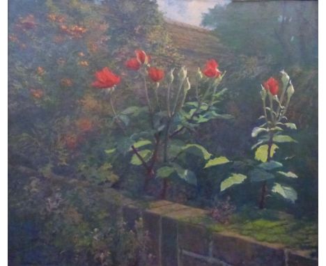 Norman R Coker (b1927) oil on canvas "Rosebuds Early Morning", signed lower left, 64 x 75cm in gilt frame with label verso&nb
