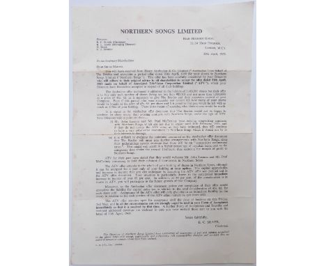 A printed letter from Northern Songs Limited dated 30th April 1969 to ordinary shareholders regarding a partial offer from He