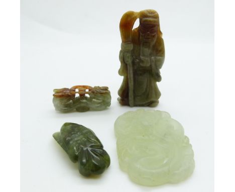 Four pieces of Chinese jadeite and hardstone comprising celadon jade plaque depicting a phoenix and a dragon, jadeite figure 