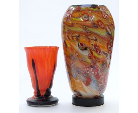 Art glass pedestal vase with mottled decoration, 21cm tall, together with a millefiori glass lamp, 37cm tall