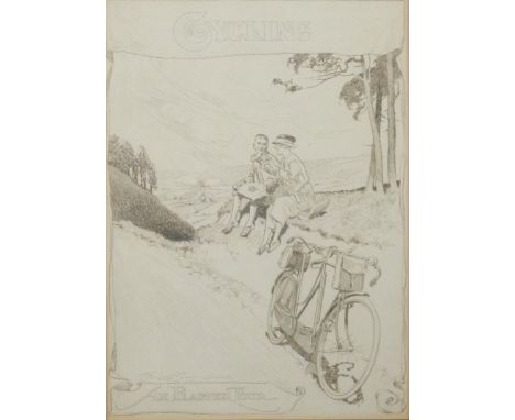 Frank Patterson (English 1871-1952): Pen and ink cover drawing for 'Cycling' magazine 'An Easter Tour' depicting a couple wit