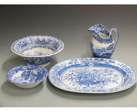 Spode Italian jug, pedestal dish, Staffordshire blue and white Queen Victoria bowl (D35cm), and a large Staffordshire meat pl