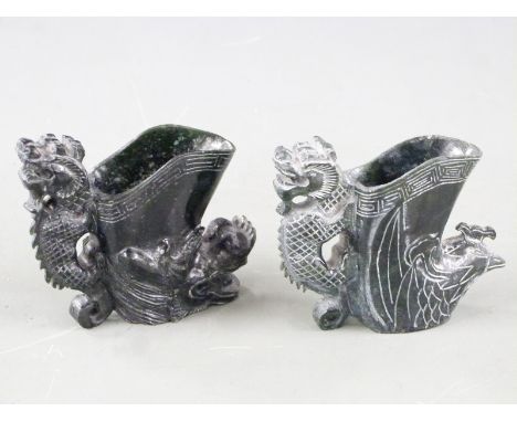Pair of 20thC Chinese hardstone libation cups in the form of a dragon and a cockerel, H8cm