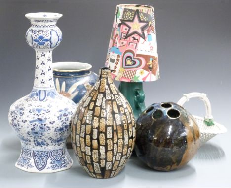 A retro/mid century lamp, Studio pottery, Delft vase etc, tallest 52cm&nbsp;