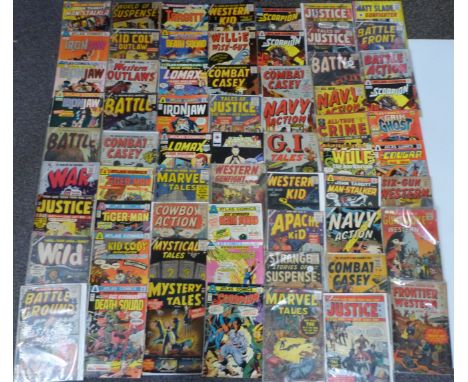 Sixty-four Atlas comics including Man -Stalker, Targitt, Western Outlaws, Iron Jaw, Battle, Kid Colt Outlaw, Lomax, Tales of 