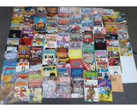 Ninety-seven various comics including Gate Crasher, Sky Gal, Dick Tracy, Rust, Freeman, Weird Love, America's Greatest Comics