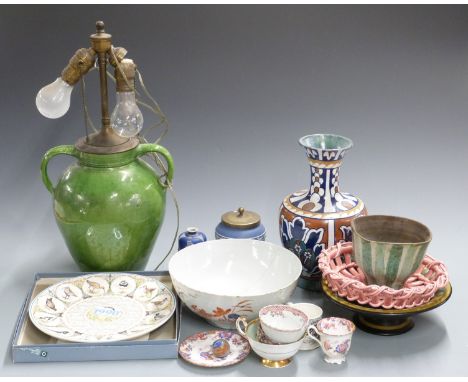 French pottery lamp, Sarreguemines basket, shaped Chinese bowl, Wedgwood Jasperware, Gouda pedestal dish,Art Deco Bursley War