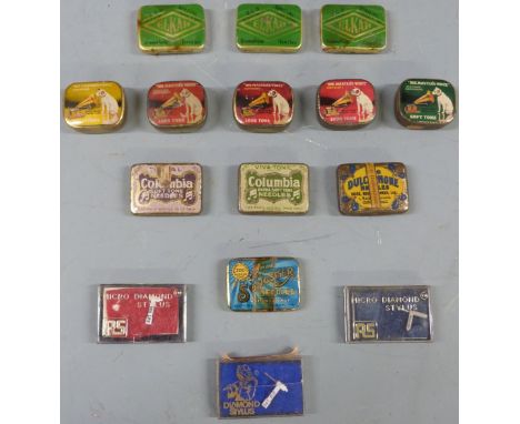 A collection of vintage gramophone needles in tins to include Dulcephone, Elkah, Songster, HMV and Columbia, together with th