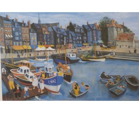 M M Loxton, signed limited edition (275/500) print,&nbsp;'The Jetty, Honfleur', 38 x 56cm, framed and glazed