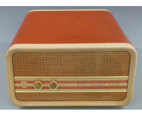 Philips portable 'Disc Jockey Auto' record player c1950s, in salmon pink finish