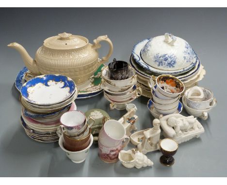 Large quantity of 19thC Rockingham, Spode, Chamberlain and&nbsp;Worcester ceramics, crested ware, large Creamware teapot etc