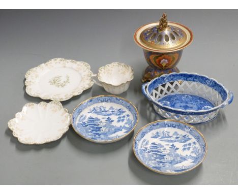 A 19thC blue and white porcelain chestnut basket, two saucers, Foley trio and a Noritake pot pourri&nbsp;