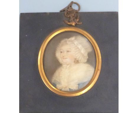 Attributed to William Grimaldi portrait miniature on ivory of a lady wearing a lace cap or bonnet, initialled to left hand ed