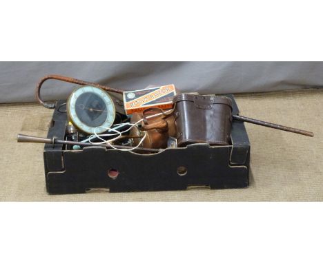 Vintage miner's lamp, two pairs of binoculars, Arts and Crafts copper shovel, Shire horse harness, brass harness finial, maho