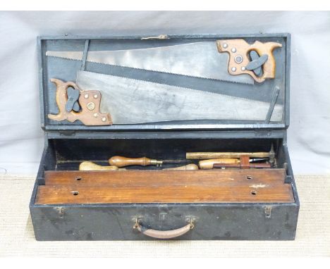 A vintage woodworking/carpenter's chest with fitted interior and a few tools including chisels, saws, scribe etc, 40x78cm&nbs