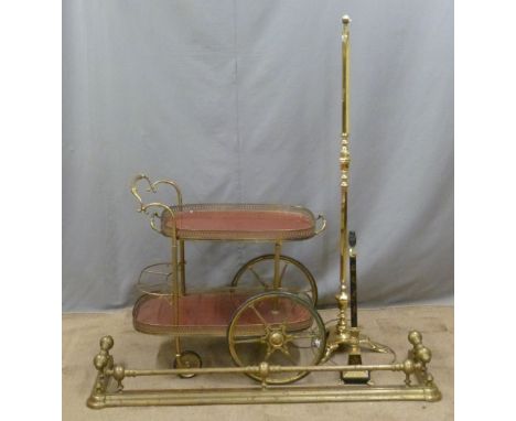 Brass fender, kitsch / mid century tea trolley, brass standard lamp and a decorative table