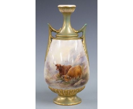 Royal Worcester Harry Stinton twin handled pedestal vase with decoration of Highland Cattle in a mountainous landscape, H20cm