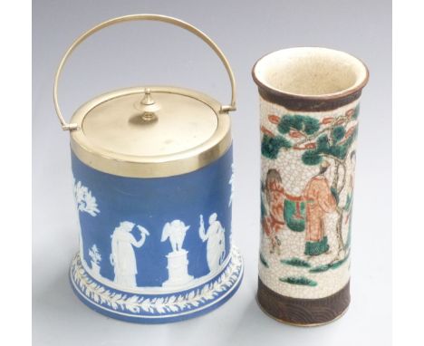 Chinese crackle glazed vase with seal mark to base and a Wedgwood biscuit barrel, tallest 20cm&nbsp;