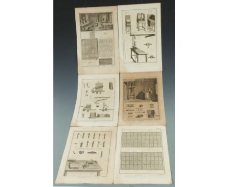 Six engravings depicting the process of producing playing cards including etching, cutting and workshop views
