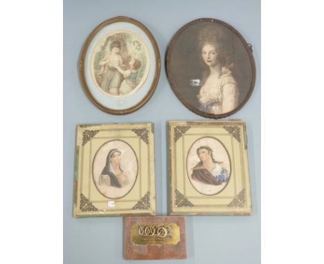 Pair of 19thC Russian miniature portrait engravings in original decorative mounts with labels verso, 19 x 16cm and two furthe