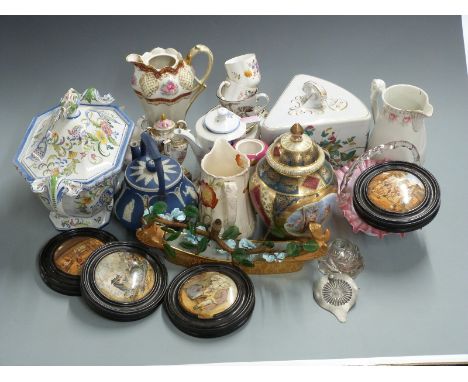 Large collection of ceramics including Copeland vase, Continental porcelain, 19thC Prattware including lids, Royal Crown Derb