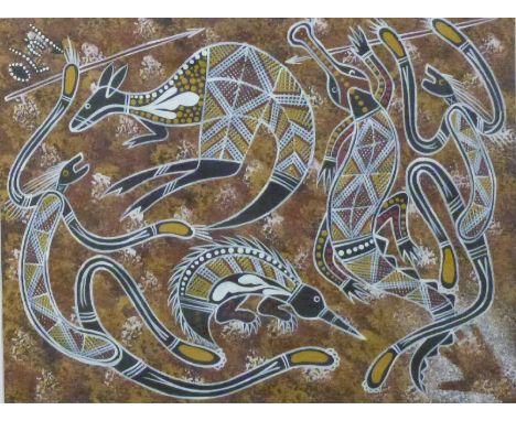 Australian Aboriginal acrylic 'Mimi spirit hunting animals', 30 x 40cm, framed and glazed