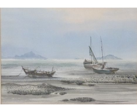 Watercolour calm seascape with three fishing boats on beach, 27 x 36cm, framed and glazed&nbsp;
