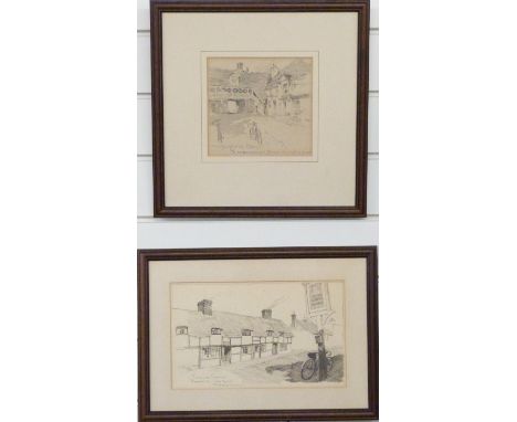 Frank Patterson (British 1871-1952): Two pen and ink cycling related drawings 'Courtyard of The George, Huntington' and a 'To
