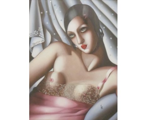 Art Deco style risqué oil on board portrait of a lady, monogrammed lower right LB, 61 x 46cm