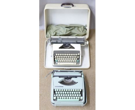 1950s retro / mid century Hermes Baby portable typewriter and an Olympic de Luxe typewriter in case with dust cover