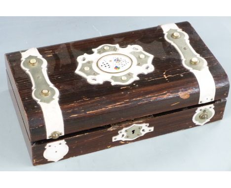 Metal and faux ivory bound playing card box with central panel depicting playing cards, opening to reveal four lidded boxes e