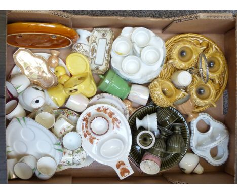 Collection of egg cruets, novelty egg cups including pottery, Goebel etc