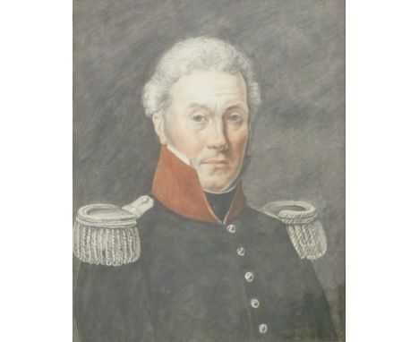 19thC pencil and watercolour Belgian military portrait, label verso dated 1863 indisinctly marked possibly Drakenstein, 43 x 