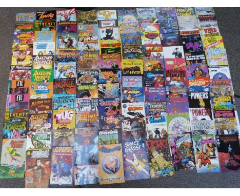 One-hundred-and-two various comics including Hate, Marvel Previews, Thunder Agents, Amazing Heroes, Mr Monster, Torchy, Harry