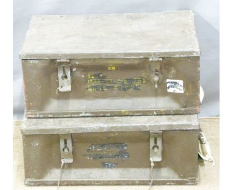 Two metal military ammunition crates or boxes, length of largest 52cm