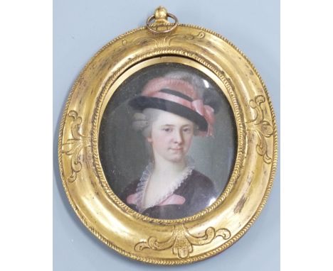 19thC portrait miniature on copper of a lady with feathered hat and lace trimmed dress, maximum&nbsp;diameter 72mm, in engrav