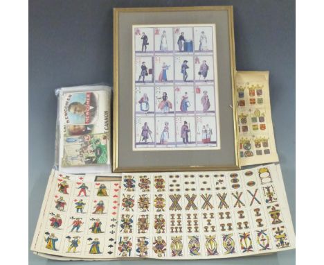 Various uncut continental playing cards, framed print, postcards relating to playing cards etc