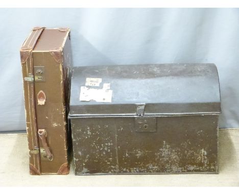 A vintage domed topped metal trunk and a leather suitcase, largest W71 x D42 x H50cm