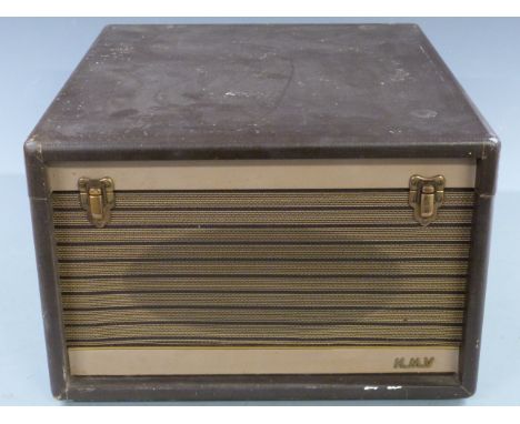 Vintage HMV portable record player in brown 'rexine' finish&nbsp;