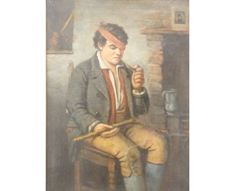 Charles Henry Cook (1830-1905) oil on canvas of a man with a broken stick and eye patch, smoking a pipe, signed to chair C H 