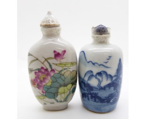 Two Chinese ceramic snuff bottles with marks to base, 7cm tall