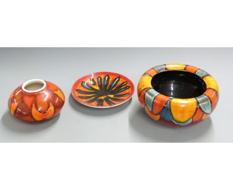 Poole pottery jardiniere, pedestal vase and a Delphis dish, tallest 12, diameter 24cm&nbsp;